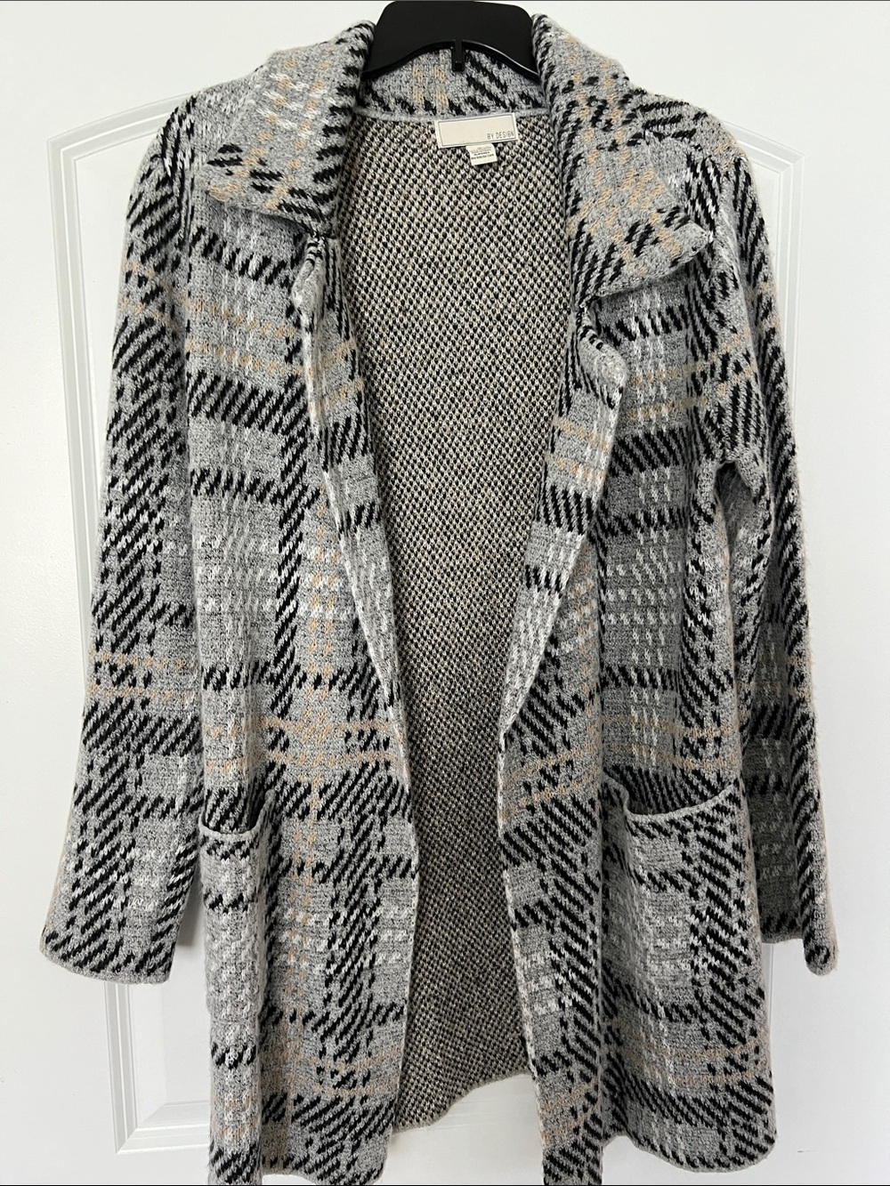Plaid Open-Front Knit Cardigan in Gray and Tan